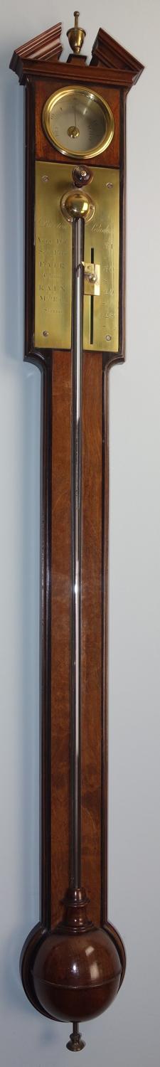 Superb Georgian mahogany and walnut stick barometer. Burton, London.