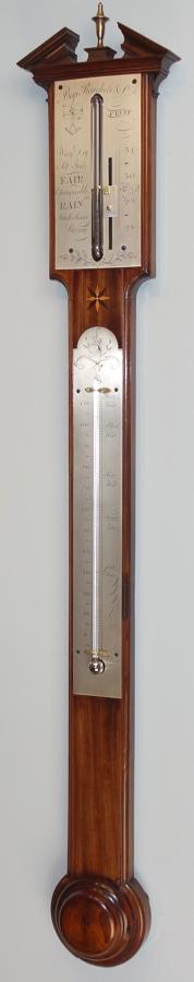 Rare design 18th.c mahogany stick barometer by Ronchetti, Manchester.