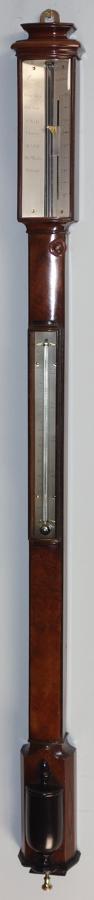 Exceptional Regency 'flat to wall' bowfront mahogany stick barometer.