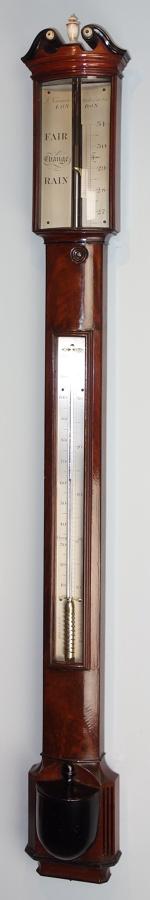Impressive Regency mahogany bow front stick barometer, Newman, London.